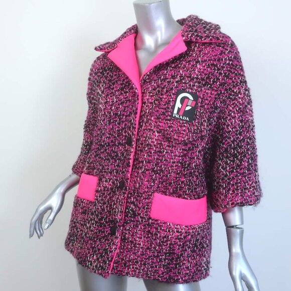 Prada Short Sleeve Tweed Puffer Jacket Pink Wool-Blend Size 38 - Picture 3 of 11